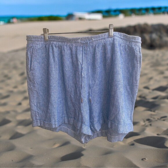 Anne Klein Linen Blend‎ Elastic Waist Blue/White Shorts w/ Pockets Drawstring XL - Picture 1 of 8